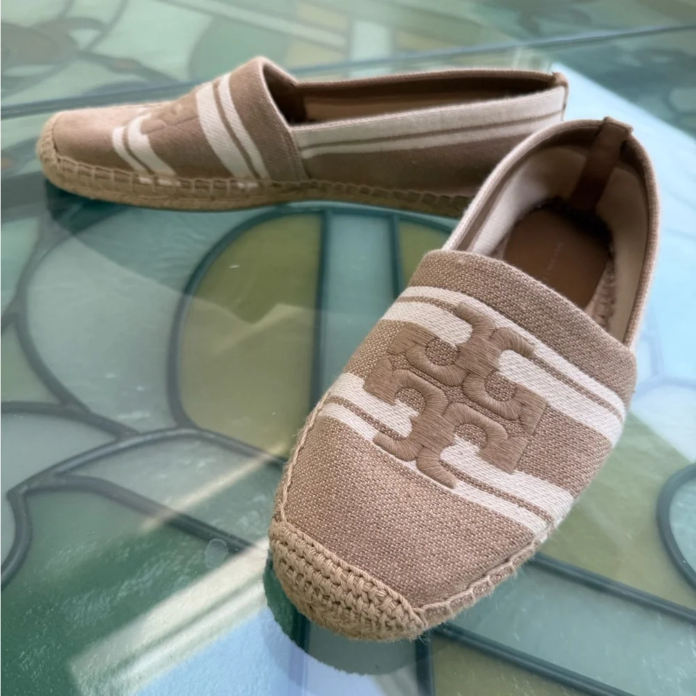 Tory Burch Double T Jacquard Beige and White Espadrilles 10